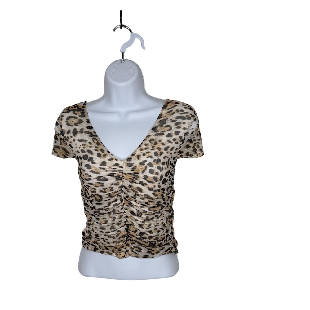 Free People Shirt Womens Medium Brown Leopard Ruched Sheer Mesh Crop Top V Neck